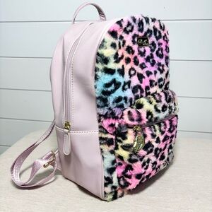 Betsey Johnson Luv rainbow ombré cheetah leopard furry fluffy faux fur backpack